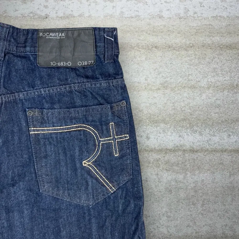 Vintage Y2K Rocawear Jeans 38x28 Baggy Wide Leg Dark Wash Denim Embroidered_3